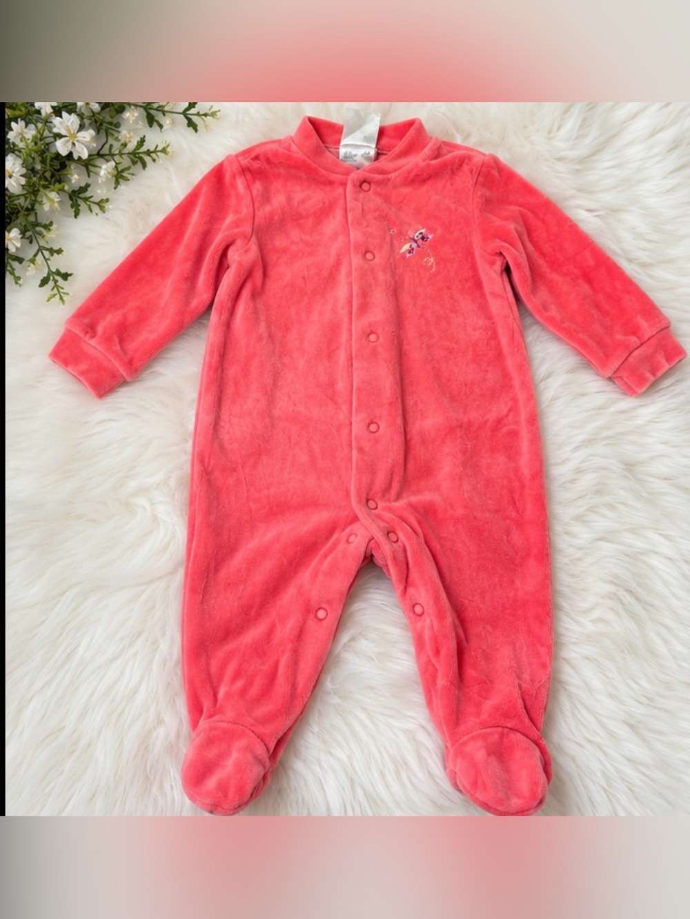 Vintage Baby Love Coral Pink Velour Footed Sleeper Baby 6 Months